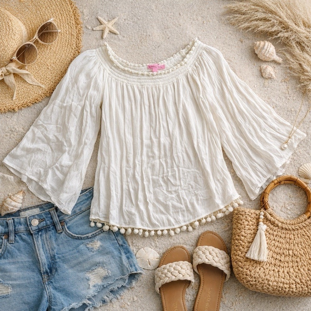 Lilly Pulitzer Off the Shoulder Blouse Top XS White Bell Sleeves Gauzy Boho